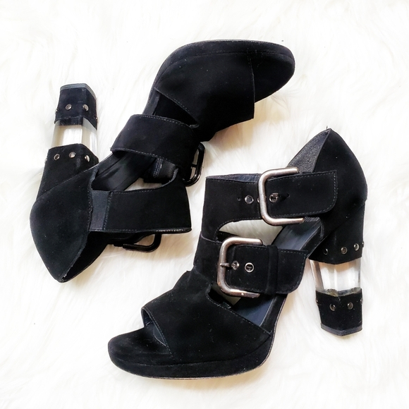 Stuart Weitzman | Black Suede Clear Open Toe Heels - Picture 8 of 8